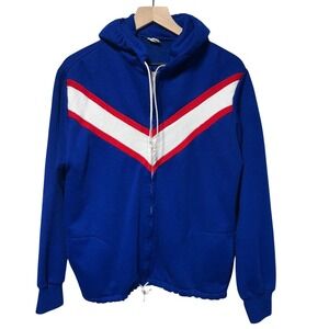 Vintage Blue Acrylic Full Zip Hoodie Jacket Athletic Chevron Stripe Mens Medium